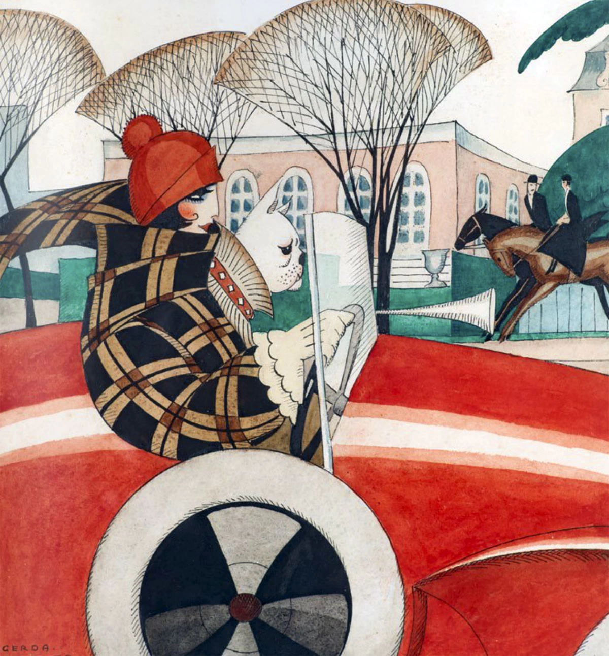 Ragazza e carlino in un'automobile